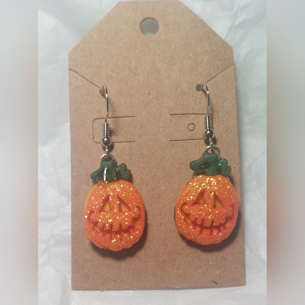 3/$10 Pumpkin Jack O Lantern Glitter Dangle Earrings